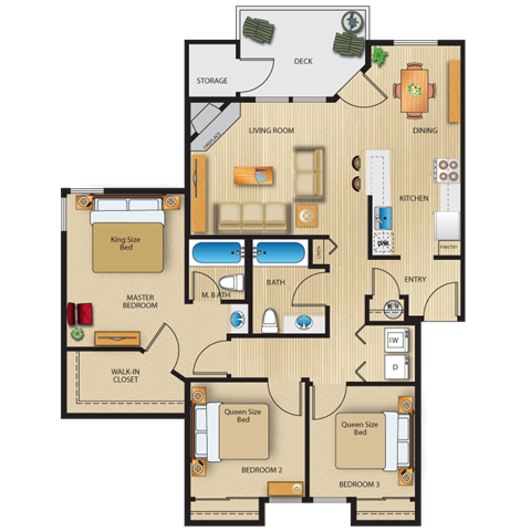Floor plan for 3 beds, 2 baths, 1160 sqft